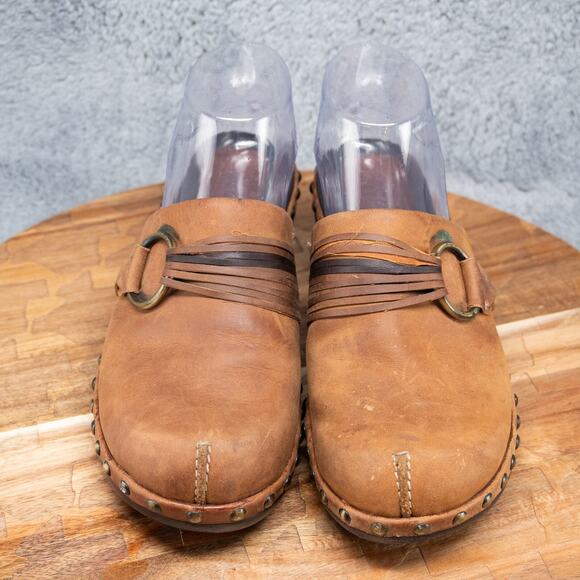 Ecco Leather Studded Slip On Size 7 EU 38 Mules Clogs Chunky Strap Boho Brown - Picture 2 of 7